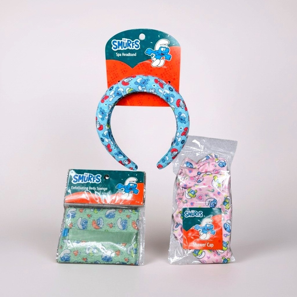 The Smurfs‎ Kids Bath Set Bundle Spa Headband Sponge Shower Cap NWT
